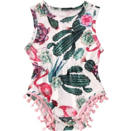 0-24M Baby Summer Clothing Newborn Infant Baby Girl Cactus Bodysuit Sleeveless Tassel Balls Jumpsuit Outfits Clothes