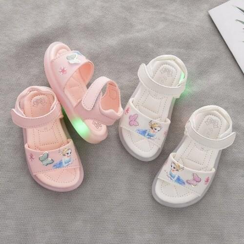 Disney childrens non-slip soft bottom cartoon frozen princess summer beach shoes baby sandals girl princess light led sandals