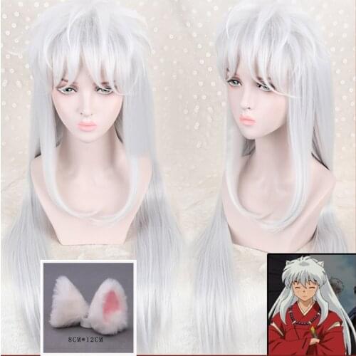 Inuyasha 100cm Long Silver White Styled Sesshoumaru Cosplay Wig With Ears Heat Resistant Hair Cosplay Wig + Free Wig Cap