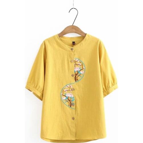 Plus size stand collar embroidery cotton women loose tshirts 2020 new summer casual ladies soft t shirts female tops t-shirts