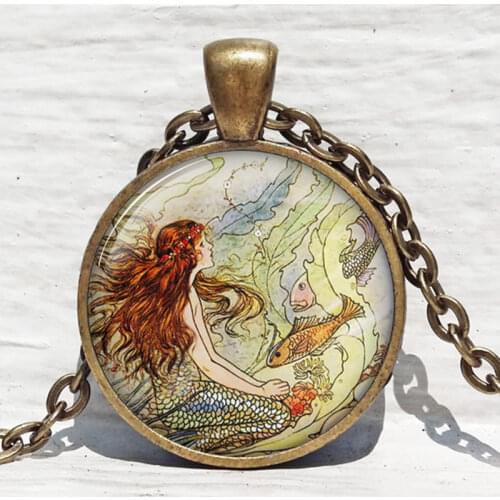 Fashion 2017 Vintage Marine Mermaid Photo Cabochon Glass Round Bronze Chain Pendant Necklace Jewelry Accessory,Friend Gifts
