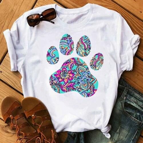 Fashion Women T Shirt Rose Print Dog Paw T-shirt Casual Short Sleeve s Tee Female Harajuku Shirts Cartoon Cute T-shirt Clothi