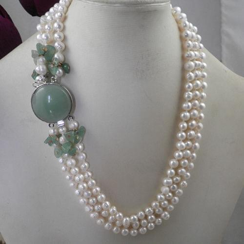 Jewelr COOL UNIQUE 3-ROW 100% GENUINE Natural fresh water WHITE PEARLS BEADS CLASP NECKLACE