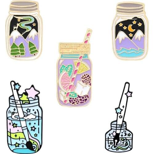 Drink Bottle Enamel Pin Mountain Star Moon Water Brooches for Women Men Funny Cup Badge Backpack Lapel Pins Jewelry Wholesale