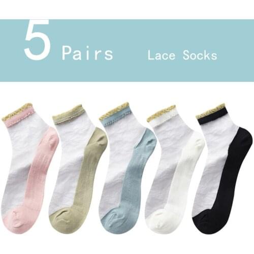 5 Pairs Lace Sweet Socks for summer thin Transparent Boat Silk Socks Short invisible Women Girls Solid color Preppy style Cass