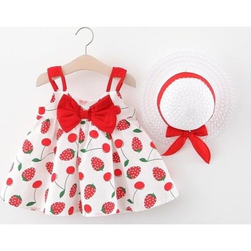 New Newborn Baby Girls Clothes Sleeveless Dress+hat 2PCS Outfits Set strawberry Printed Cute Girl Clothing Sets Summer Sunsuit