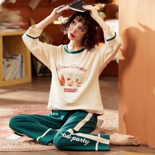 2020 Autumn Winter Women Pajamas Sets Sleepwear Cotton Loose Long Sleeve Tops Pants Nightgown Female Cartoon Sportswear Homewear