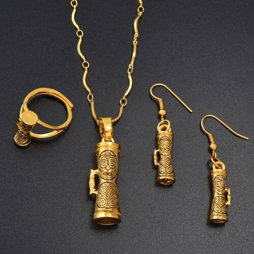 Anniyo Black Drum With Mask Papua New Guinea Necklaces Earrings Ring sets for Women PNG Jewelry Party Gifts #158806