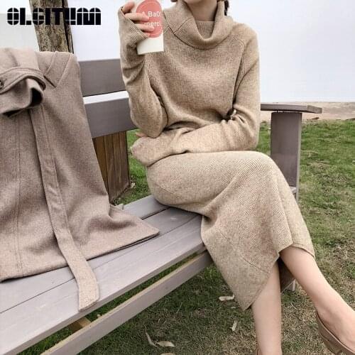 2020 Autumn and Winter Women New Warm Mid-length Sweater Dress High-neck Knitted Dress for Female