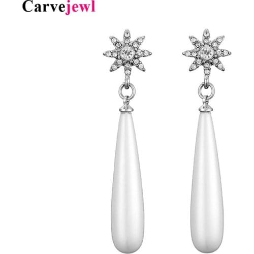 Carvejewl pearl earrings crystal rhinestone metal star burst long tear drop pearl dangle earrings for women party jewelry earing