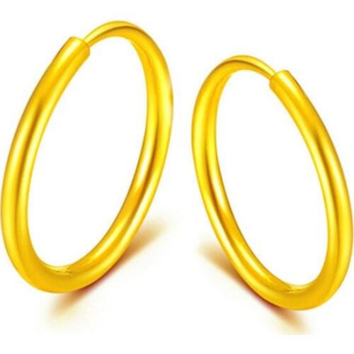 Pure 24k Yellow Gold Earrings Women Luck Smooth Hoop Earrings 11mmW 1.1g