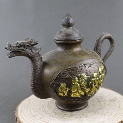 Antique Old MingDynasty gold-filled copper tea pot,hand-carving,Home Decoration / collection & adornment, Free shipping