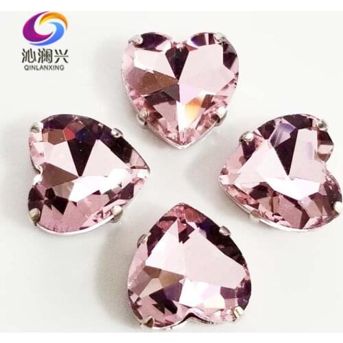 Pink heart shape top quality Glass Crystal claw rhinestones,sew on stone with holes for Diy Clothing accessories SWH10