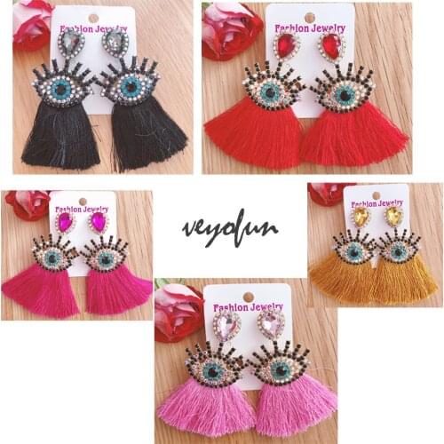 Veyofun Fashion Eye Shape Tassel Drop Rhinestone Earrings for Women Trendy Dangle Earrings Jewelry