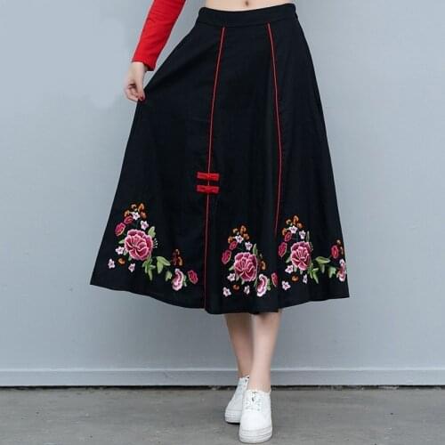 Vintage Skirts Womens 2020 Autumn Winter Mexico Style Ethnic Long Embroidery Midi Skirt Longuette 11745