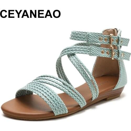 CEYANEAOFemale Serpentine Cross Straps Open Toe Flat Sandals Fashion Soft Bottom Rome Sandals Summer Shoes Women Sandalias mujer