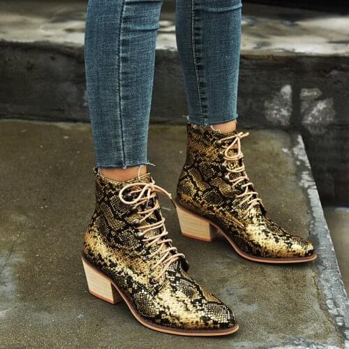NEW Ankle Boots For Women Platform Fashion Female Square Heel Serpentine Cowgirl Boots Lace-Up Booties Pointed Toe Leather Shoes