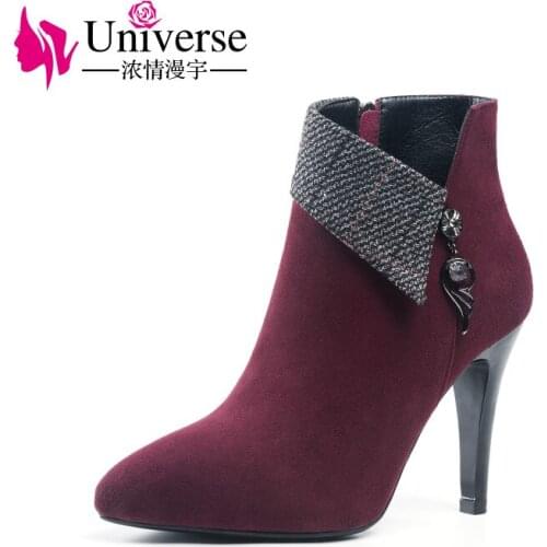 Kid Suede High Heel Ankle Boots Short Plush Lining Red Black Universe Women Warm Winter Shoes Elegant 10cm/3.94" H419