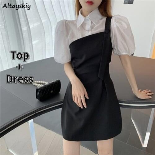 Dress Sets Women Solid Fashion Korean Style Female Puff Sleeve Turn-down Collar All-match Temperament Slim Vintage Summer Simple