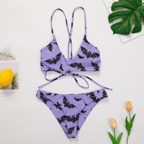 Women Swimsuits Set Purple Bat Print V-Neck Spaghetti Strap Short Vest Bikini Panties Swimwear For Women 2021 Holiday Bikini Set