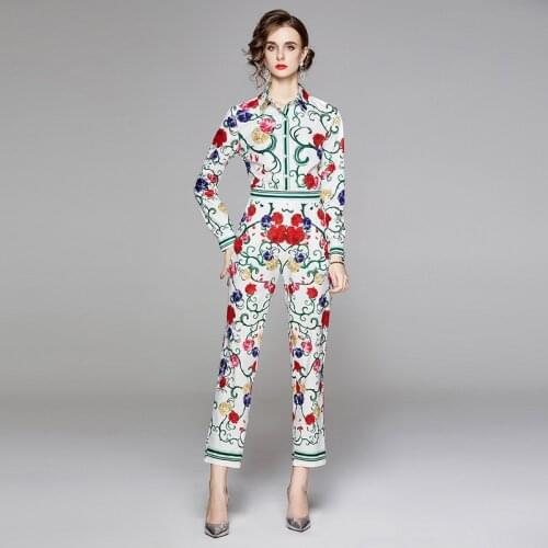 Runway Flower Two Pieces Suits Womens Tops And Pants Buttons Print Shirts Office Ladies + Wide Leg Pants Sets 2pcs Outfits