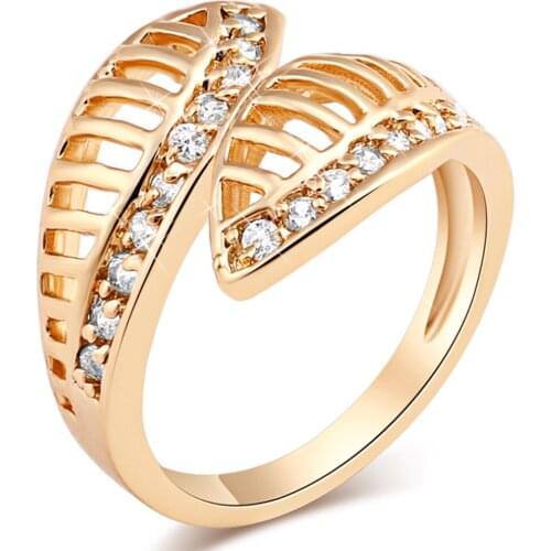 Fashion Drill Hollow Ring Micro Pave Zircon Gold-Color Rings For Women Cross Leaf Shaped Jewelry Girls Wedding Engagement Bands