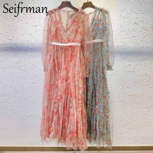 Seifrmann New 2021 Summer Women Fashion Runway Holiday Long Dress Lantern Sleeve Ruffles High Waist Print Ladies Mesh Dresses