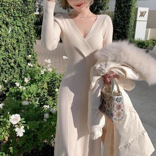 French Style Knitted V-neck Dress Women Autumn and Winter Elegant White High Waist A- Line Long Sleeve Midi Dress Vestidos 11734