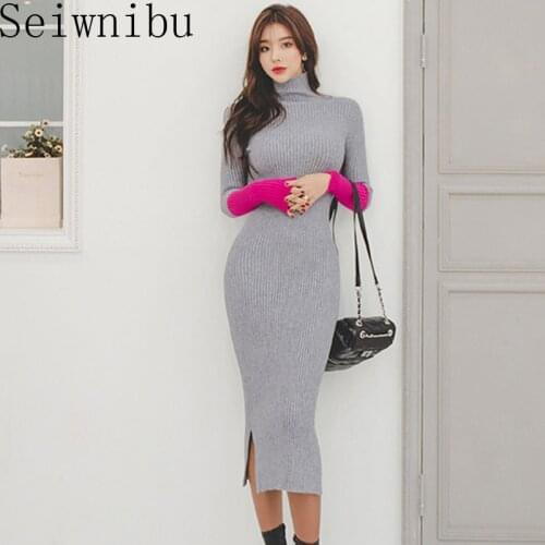 Fashion Patchwork Hit Color Women Knitted Cotton Skinny Sweater Dress Slim Turtleneck Bodycon Dress Sexy Party Vestidos Winter