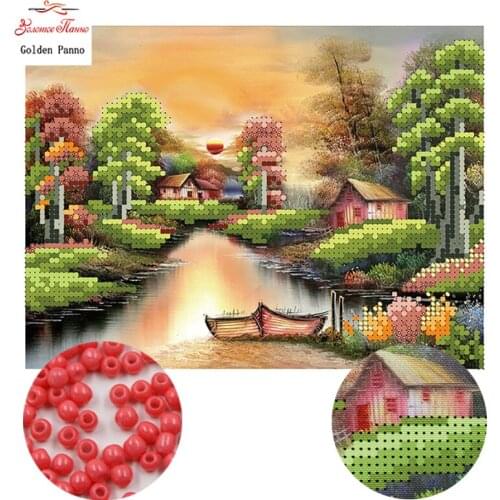 Golden Panno,Needlework,DIY,beads,Cross stitch,Embroidery stitch,Precise Printed painting,scenic Pattern,riverside lodge 0414