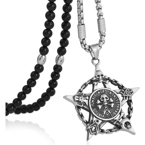 316L Stainless Steel Pentacle Star Skull Masonic Evil Eye Pattern Pendant Necklace Black Natural Stone Chain 26" Lin