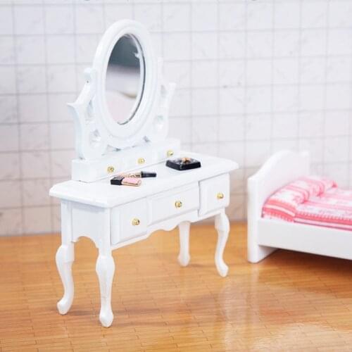97BE Pretend Play Kids 1 12 Scale Dollhouse Makeup Dressing Table with Mirror Makeup Dressing Table Durable Miniature Bedroom