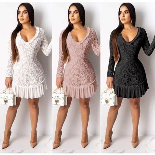 AHVIT Lace Ruffles Back Hollow Out Sexy Women Dress Long Sleeve Deep V Neck Slim Fit Party Mini Dress OL6060