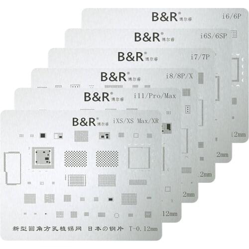 B&R BGA Reballing Stencil for iPhone XR XS X 8 8P 7 7P 6S 6SP 6 6P IP-LCD Motherboard IC Chip CPU Soldering Reball Tin Plant Net