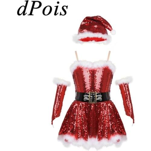 DPOIS Kids Glitter Christmas Cosplay Santa Claus Costume Girls Dance Wear Skating Dress Child Xmas Outfit Shiny New Years Suit