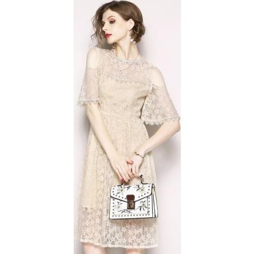 Elegant Hollow Out Lace Midi Dress Women Half Flare Sleeve Vintage A-line Dresses Party Vestidos 2020 Office Ladies Slim
