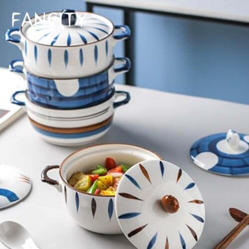 FANCITY Japanese-style instant noodle bowl with lid for student dormitory ceramic single double ear soup bowl large household ra
