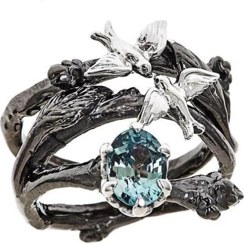 FDLK Romantic Blue Cubic Zirconia Ring Fashion Wedding Engagement Vintage Black Color Branch with Birds Cross Jewelry For Wome