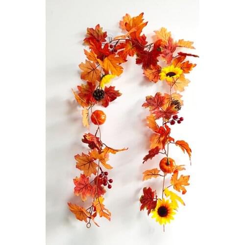 Artificial Maple Leaf Pumpkin Garland Autumn Leaves Rattan Decorative Door Wreath For Halloween Thanksgiving Day Decoration