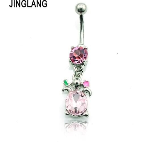 JINGLANG New Belly Button Rings 316L Stainless Steel Barbell Dangle Pink Rhinestone Tortoise Navel Piercing Jewelry