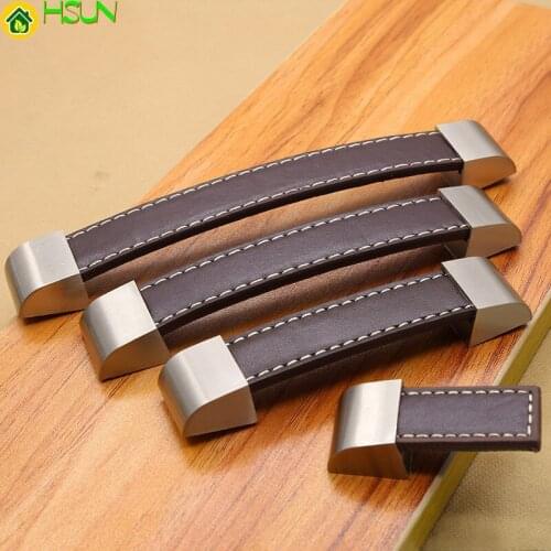 Zinc Alloy Leather Handles for Furniture Cabinet Knobs Chest Drawer Suitcase Handle and Pulls Black Brown Kitchen Handles