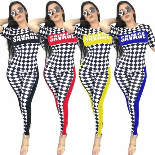 Summer Plaid Print Short Sleeve Two Piece Set O-Neck Women Casual Color Block Tracksuit Skinny Elastic Waist Full Length Pants