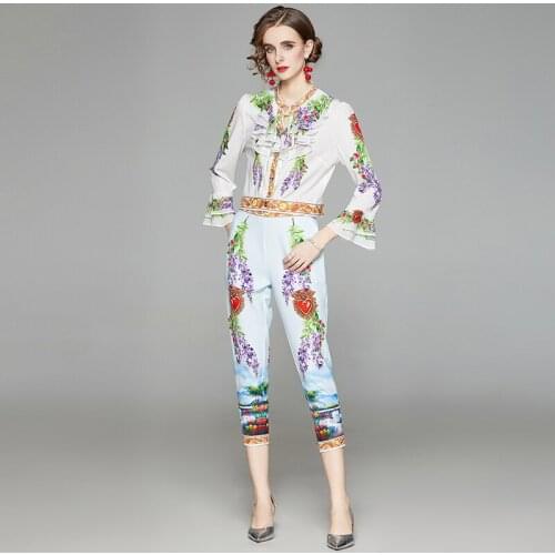 Menahem Summer Holiday Flare Slevee Lace-Up Ruffles Chiffon Shirt Crop Top + Mid-Calf Length Pants Flower Printing Two Piece Set