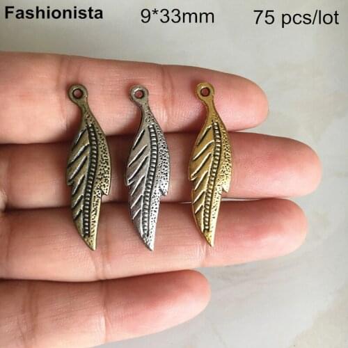 75 pcs -9*33mm Metal Leaf Charms,Double Sided,Antique Gold,Bronze,Zinc Alloy Feather Pendant For Jewelry Supplies -CL