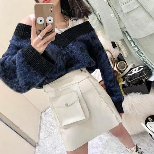 Mini Skirts Womens 2021 High Waist A Line Korean fashion Black White Genuine Leather Skirt Women