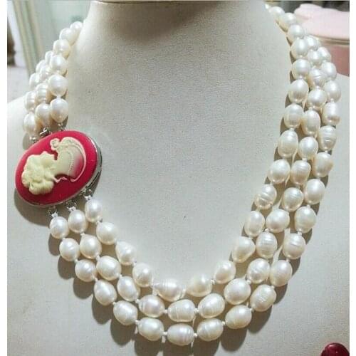 Fashion 3 Row Clasp 9-11MM Natural White Pearl Necklace 18-20"