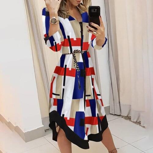 Fashion Women Boho Printing Lapel Shirt Dress Casual Office Ladies 3/4 Sleeve Button Loose Party Irregular Dress Vestidos#35