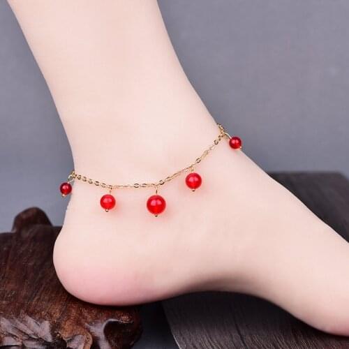 Korean Fashion Simple Red Violet Chalcedony Anklet New Exquisite Color Retaining Copper Retro Ancient Jewelry Accessories