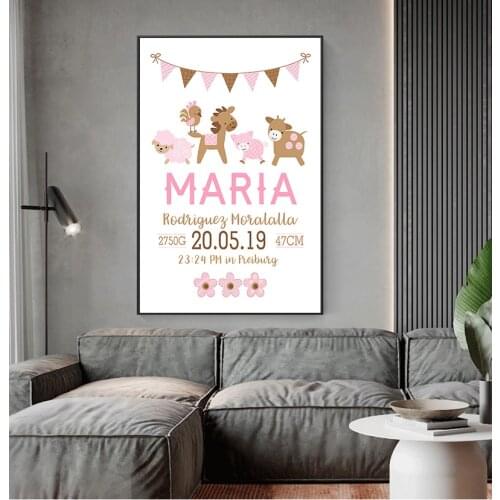 Wall Art Picture Nordic Kids Girl Bedroom Decoratio Pink Baby Birth Custom Poster Nursery Cartoon Animal Print Canvas Painting