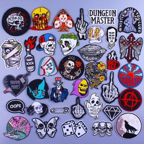 Punk Skull Patch Rock Embroidery Patch Iron On Patches For Clothes Stripes Embroidered Patches For Clothing DIY Applique Badges